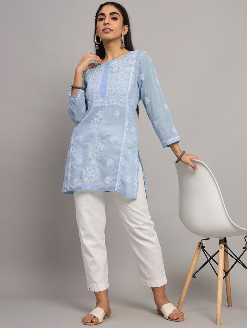purist blue chikankari embroidered short kurti - 20335479 - Standard Image - 3