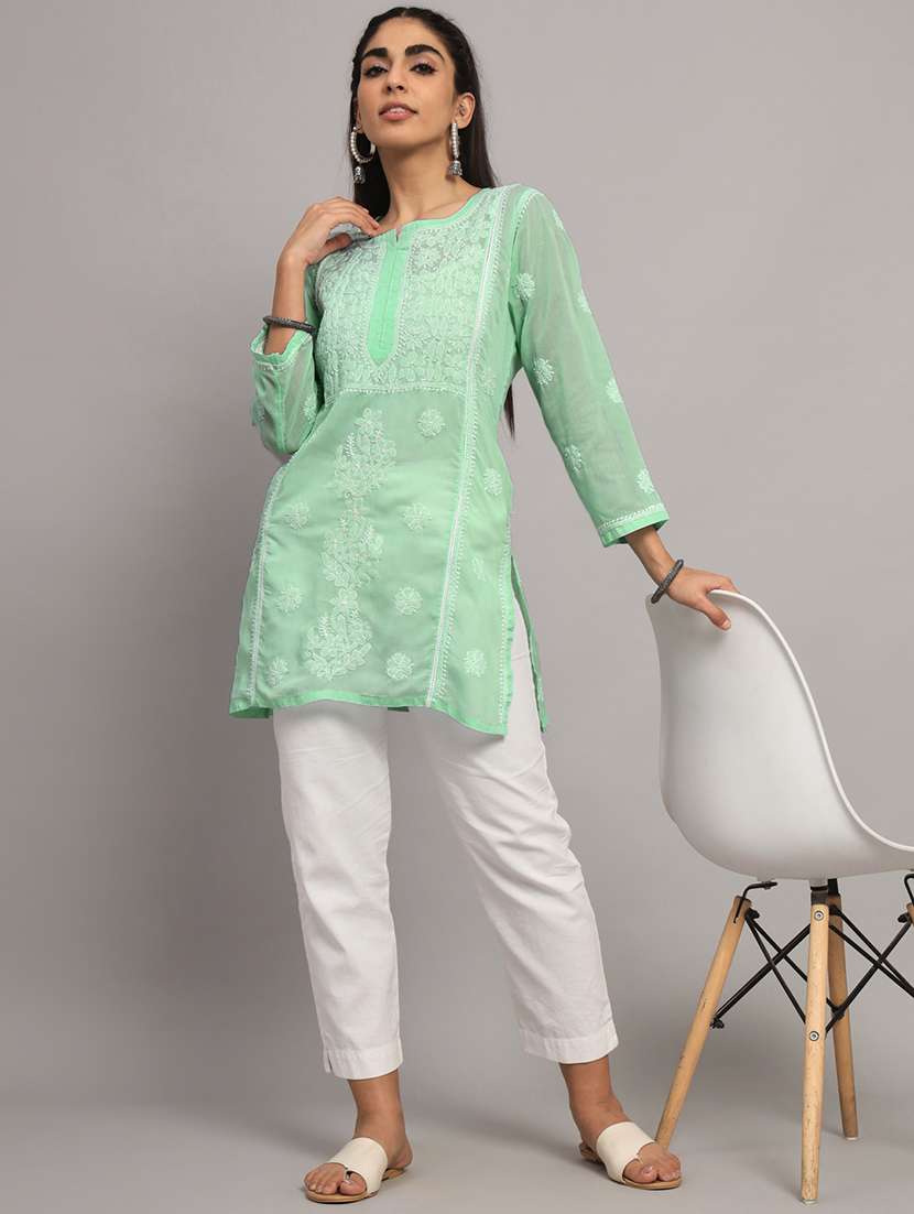 neon chikankari embroidered short kurti - 20335480 -  Standard Image - 3