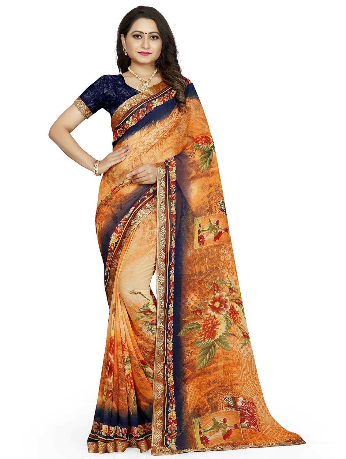 women's floral orange colored saree with blouse