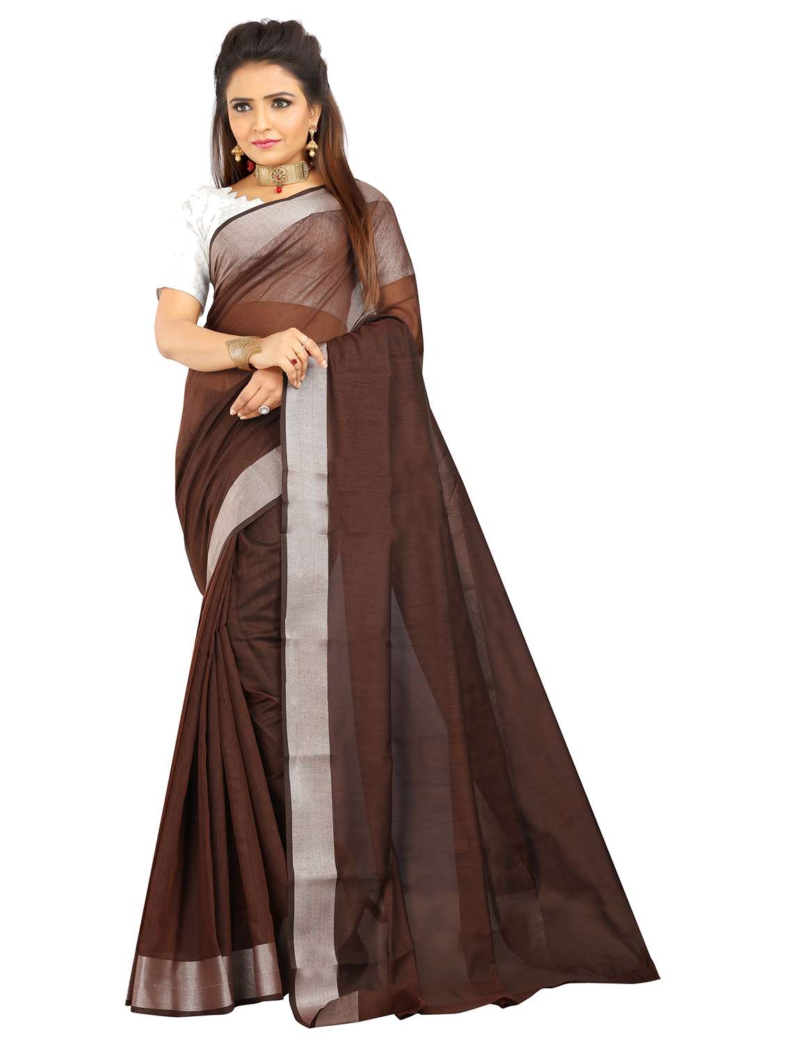 women's bordered royal blue colored saree with blouse