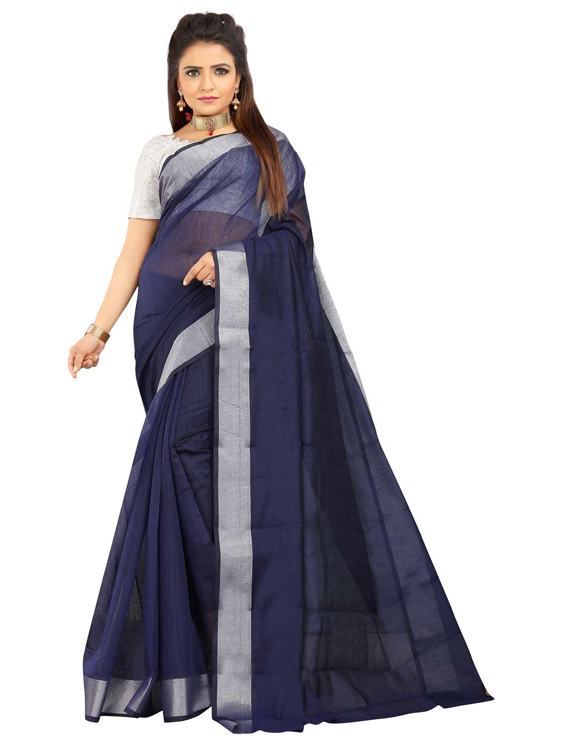 women's bordered navy blue colored saree with blouse
