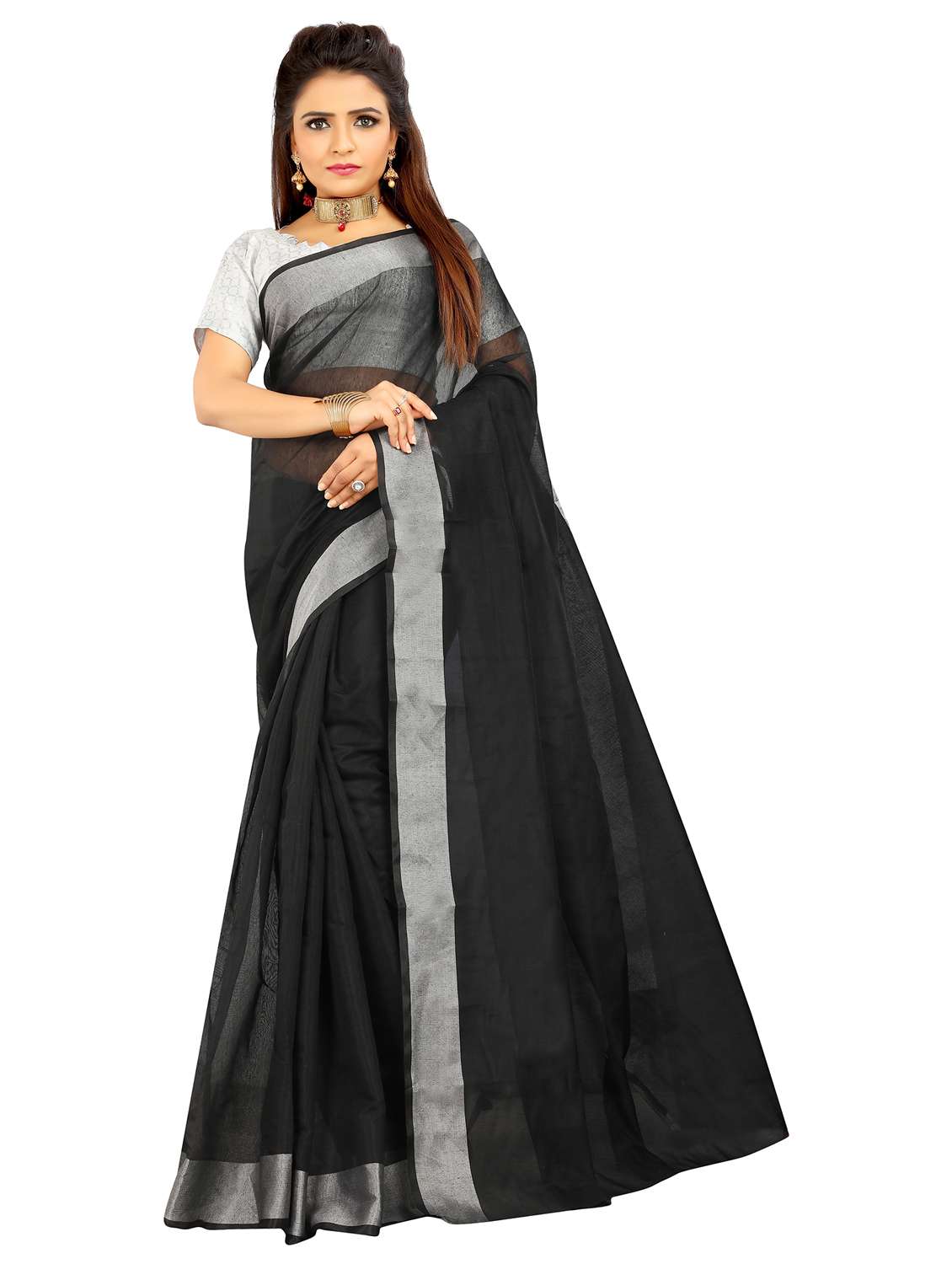women's bordered black colored saree with blouse