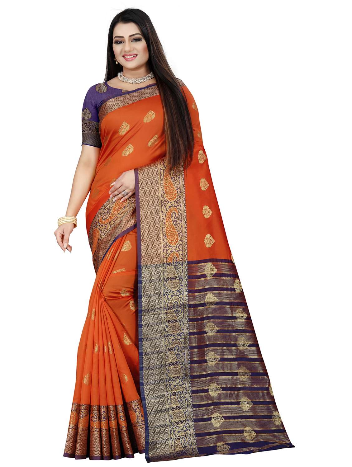 orange colored banarasi  saree with blouse