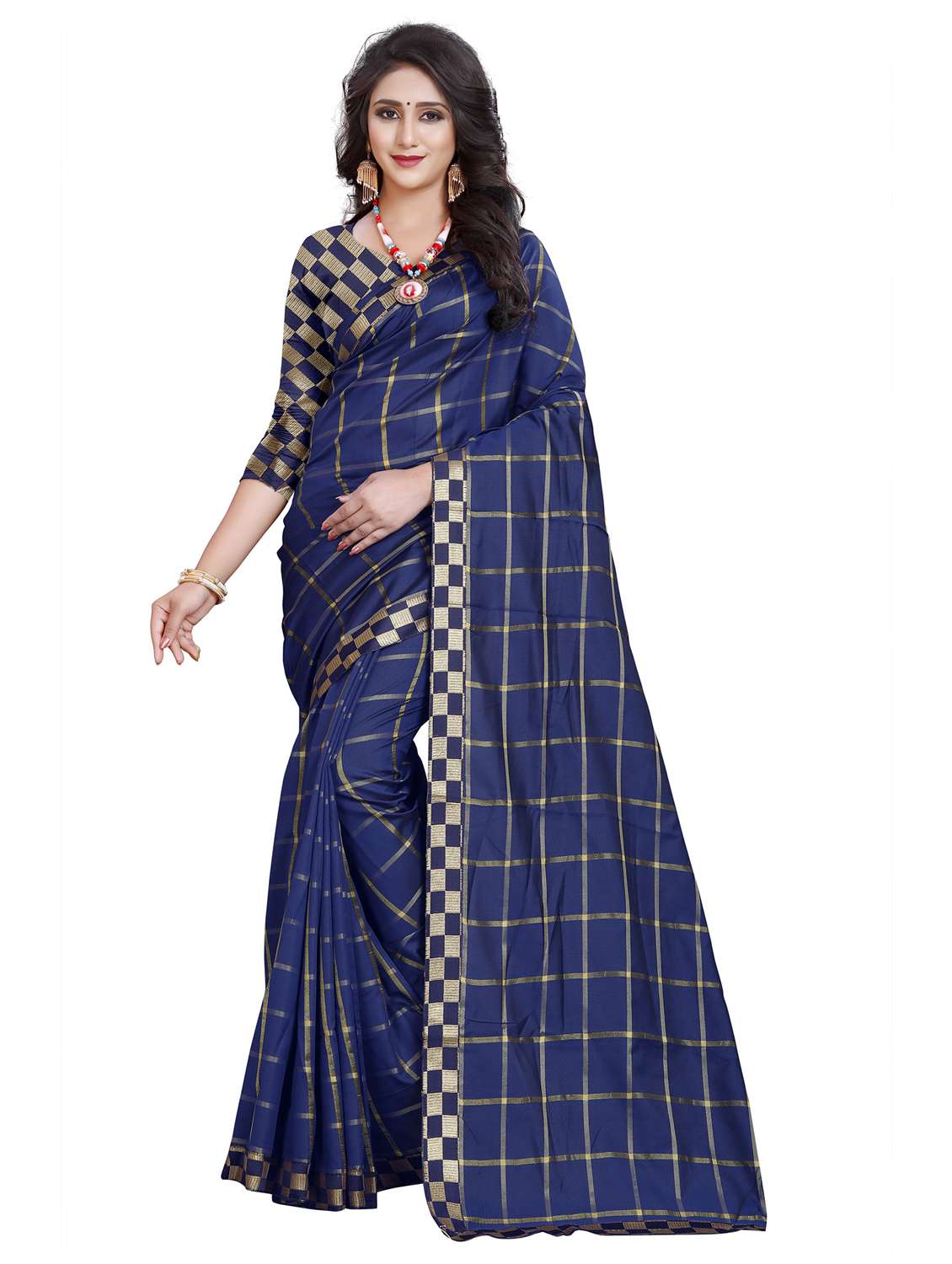 women's checks navy blue colored saree with blouse