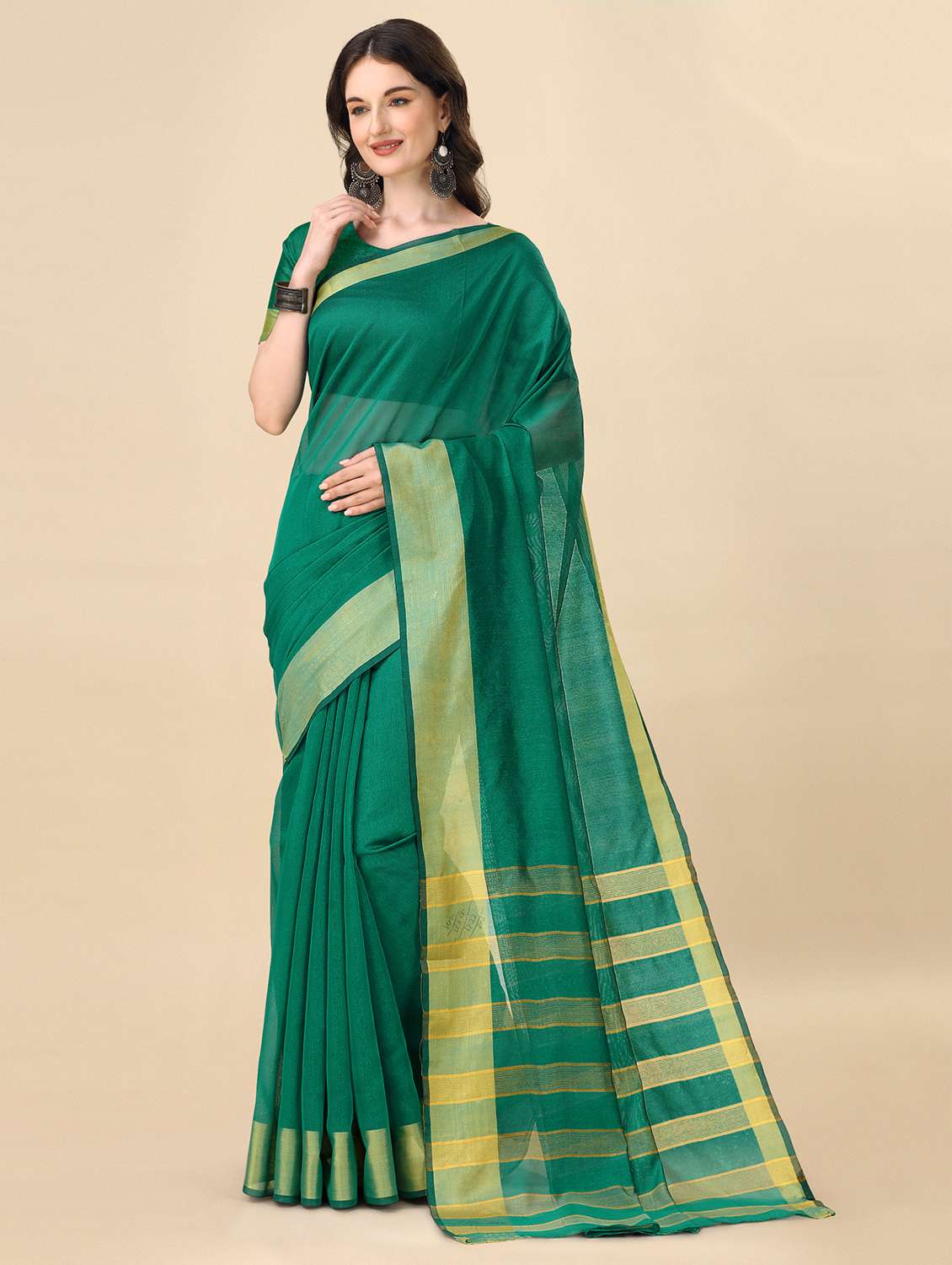 women's bordered royal blue colored saree with blouse