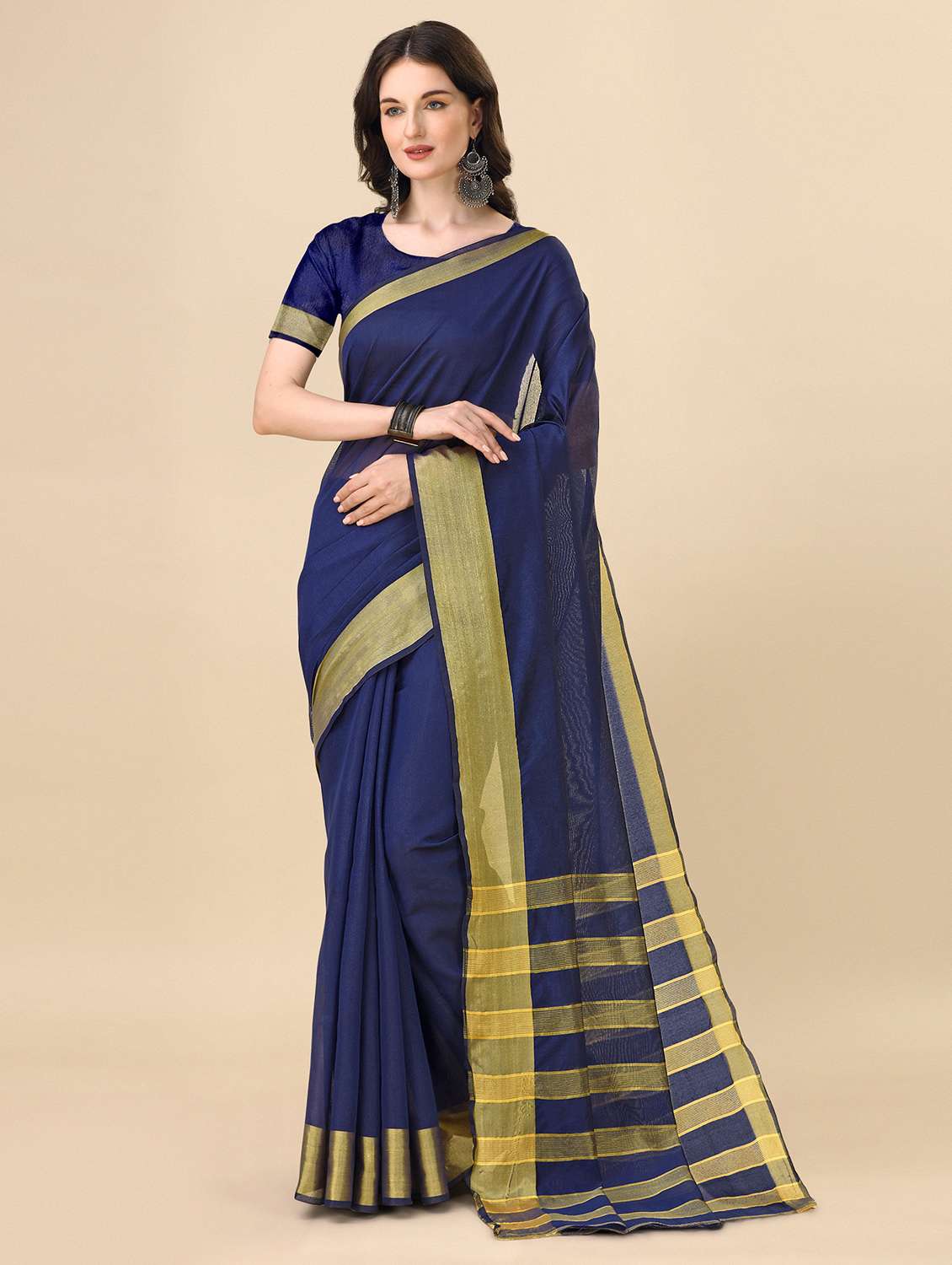 women's bordered navy blue colored saree with blouse
