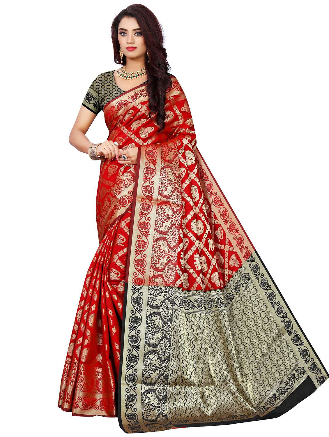 women's self design red colored saree with blouse