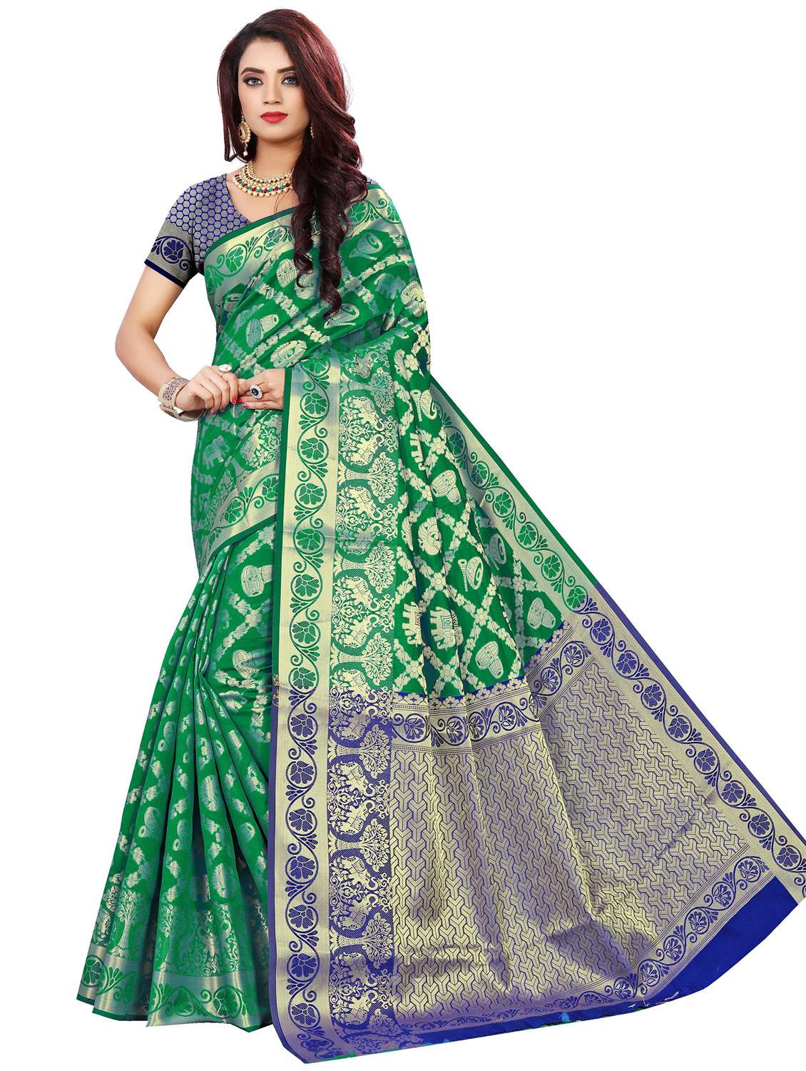 women's self design green colored saree with blouse