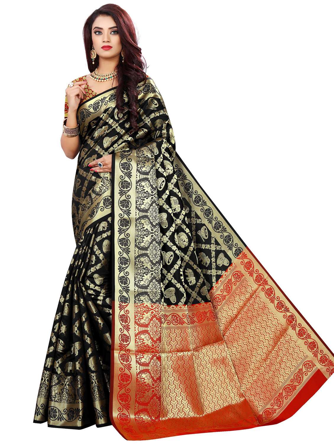 women's self design black colored saree with blouse