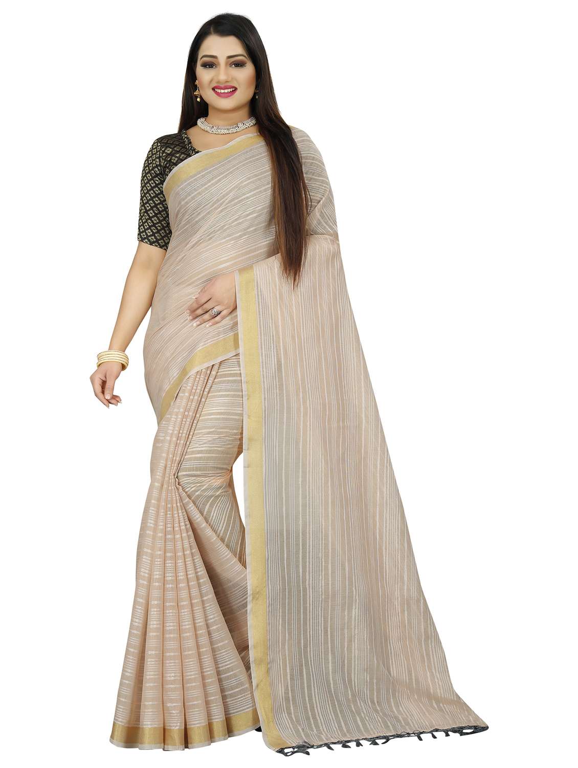 women's stripes beige colored saree with blouse