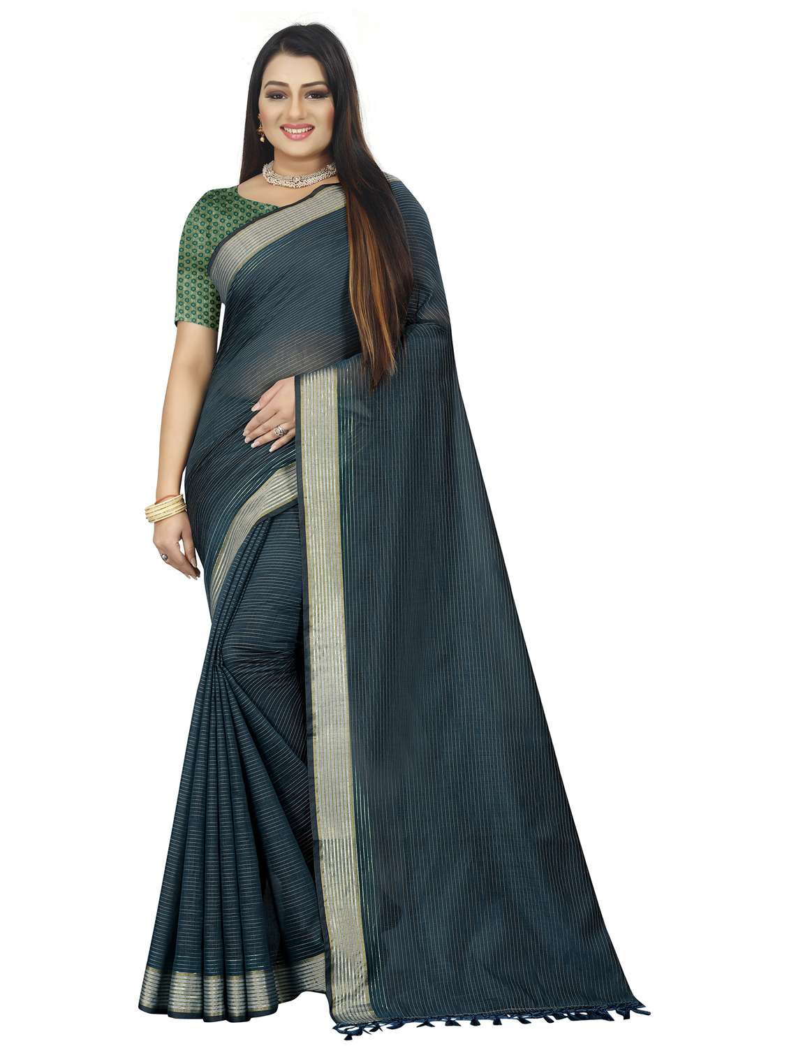 women's stripes teal colored saree with blouse