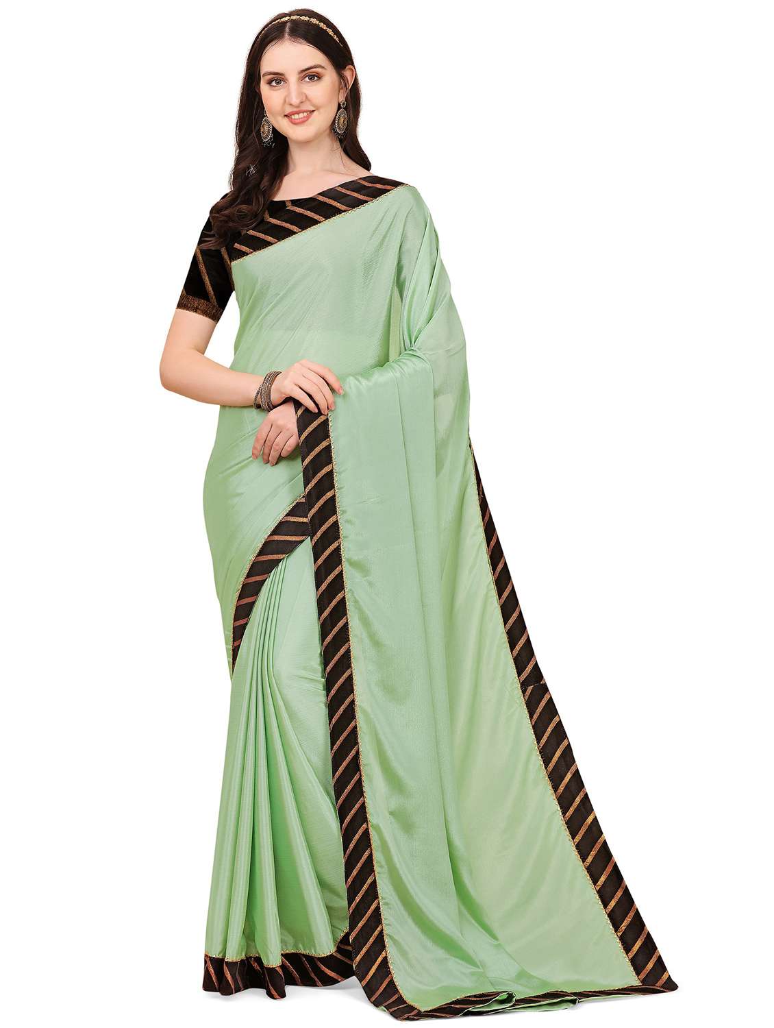 women's bordered royal blue colored saree with blouse