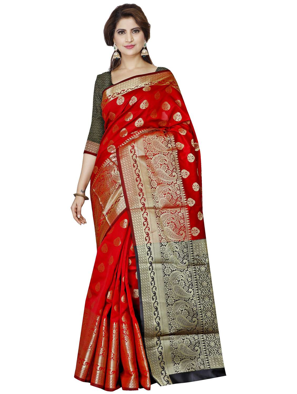 women's self design red colored saree with blouse