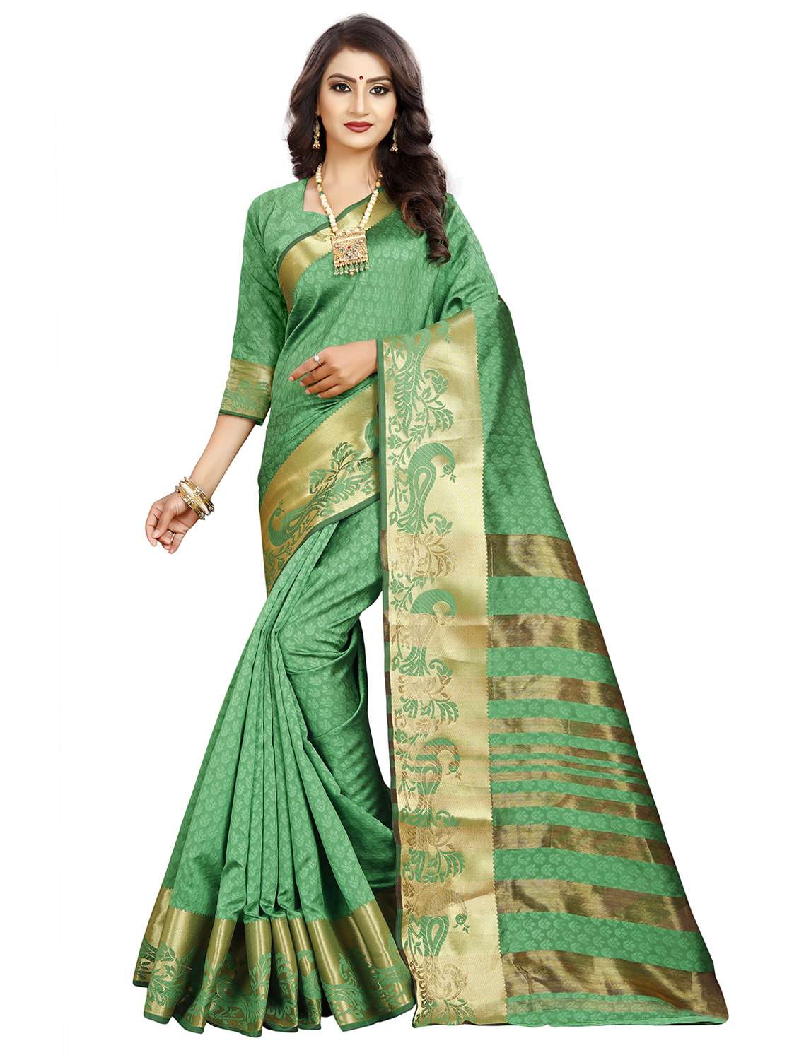 women's self design green colored saree with blouse