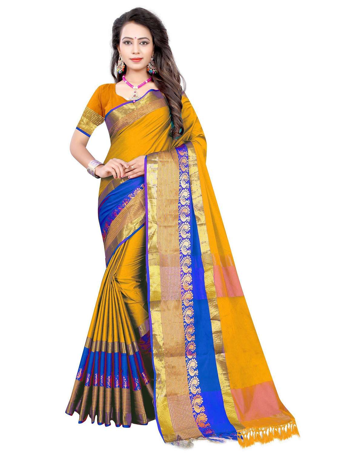 women's bordered yellow colored saree with blouse