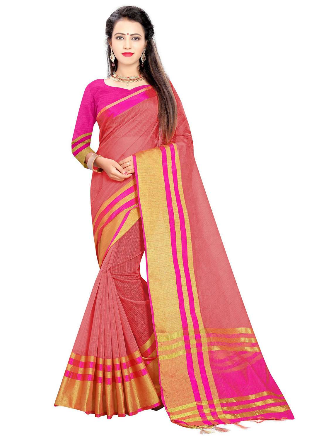 women's bordered royal blue colored saree with blouse