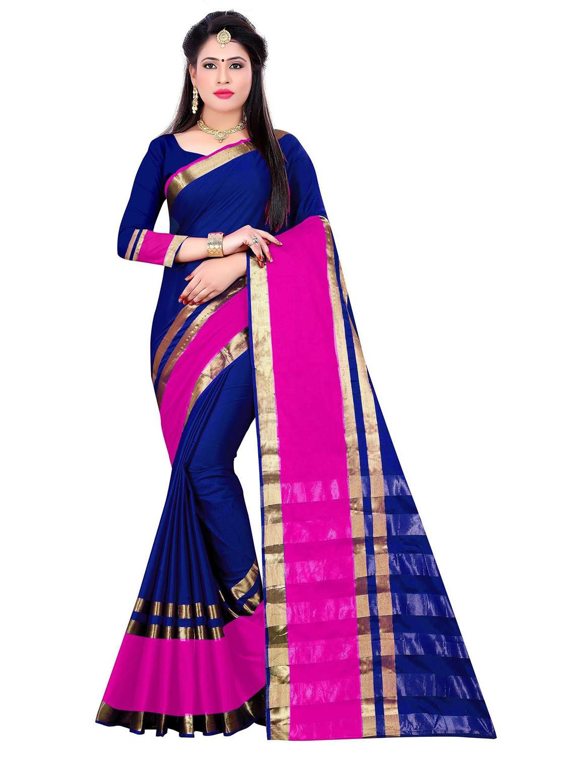 women's bordered royal blue colored saree with blouse