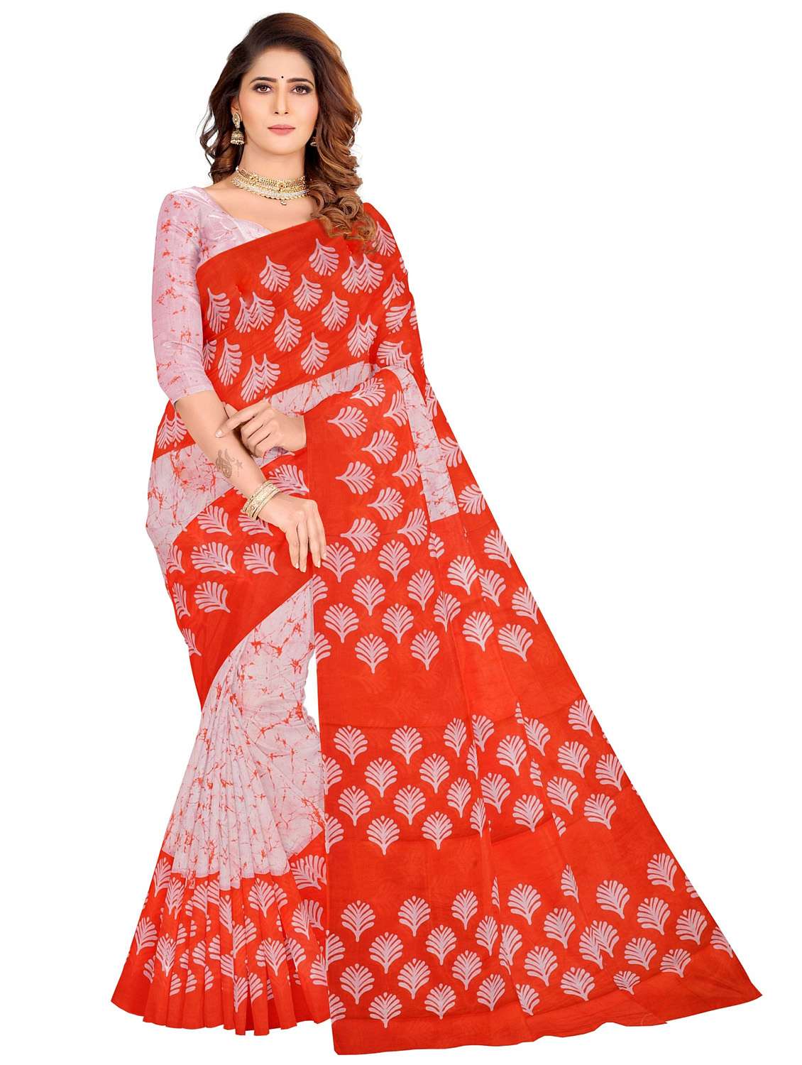 women's printed orange colored saree with blouse - 20336367 - Zoom Image - 0