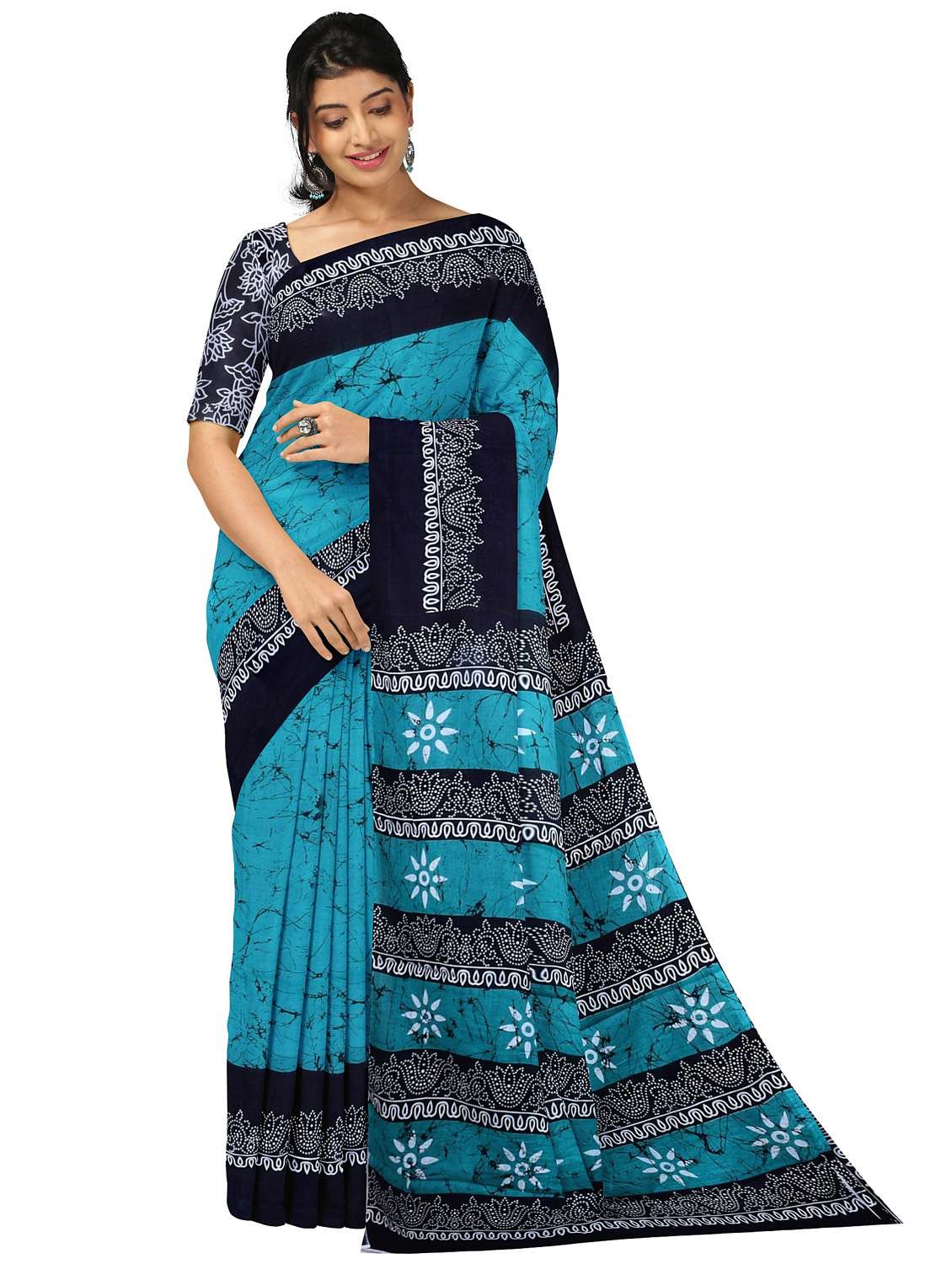 women's printed blue colored saree with blouse