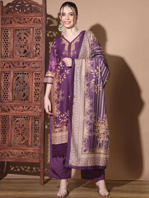 purple three quarter sleeve kurta palazzo set - 20342318 -  Standard Image - 0