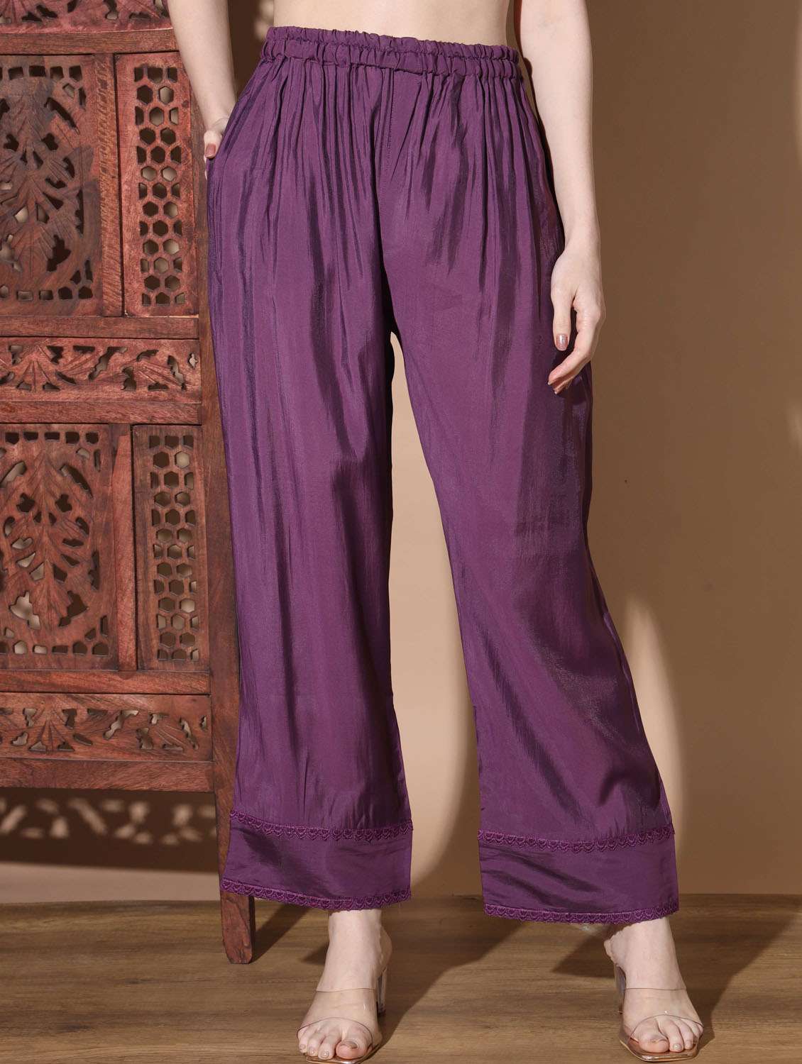 purple three quarter sleeve kurta palazzo set - 20342318 - Standard Image - 3