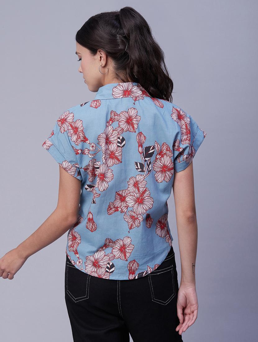 blue floral print shirt collar top - 20342321 - Standard Image - 3
