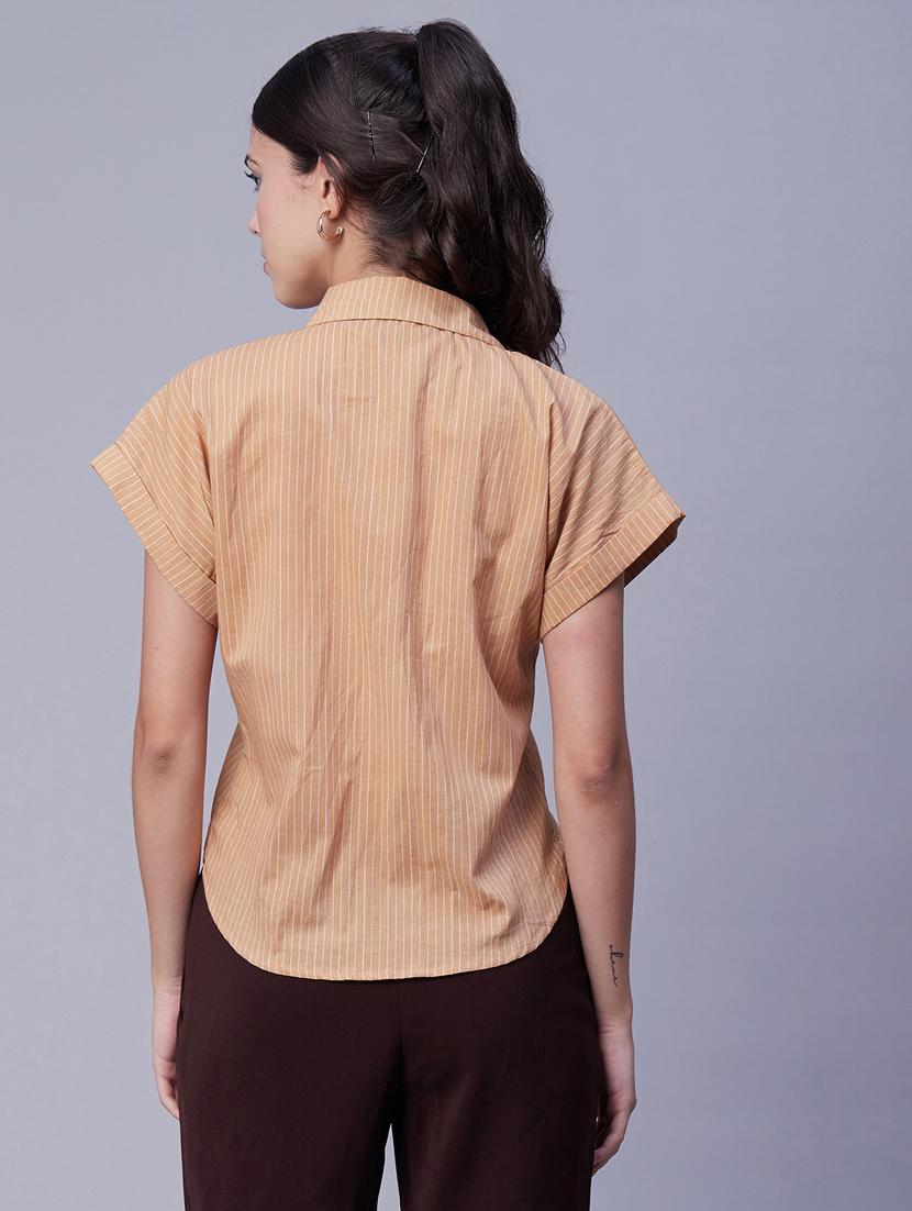 orange striped shirt collar top - 20342322 - Standard Image - 3