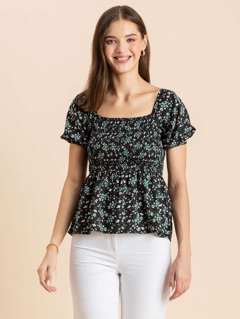 black printed puff sleeves peplum top - 20342327 -  Zoom Image - 0