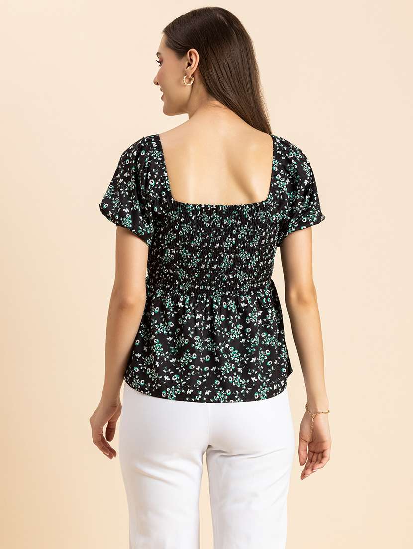 black printed puff sleeves peplum top - 20342327 - Standard Image - 3