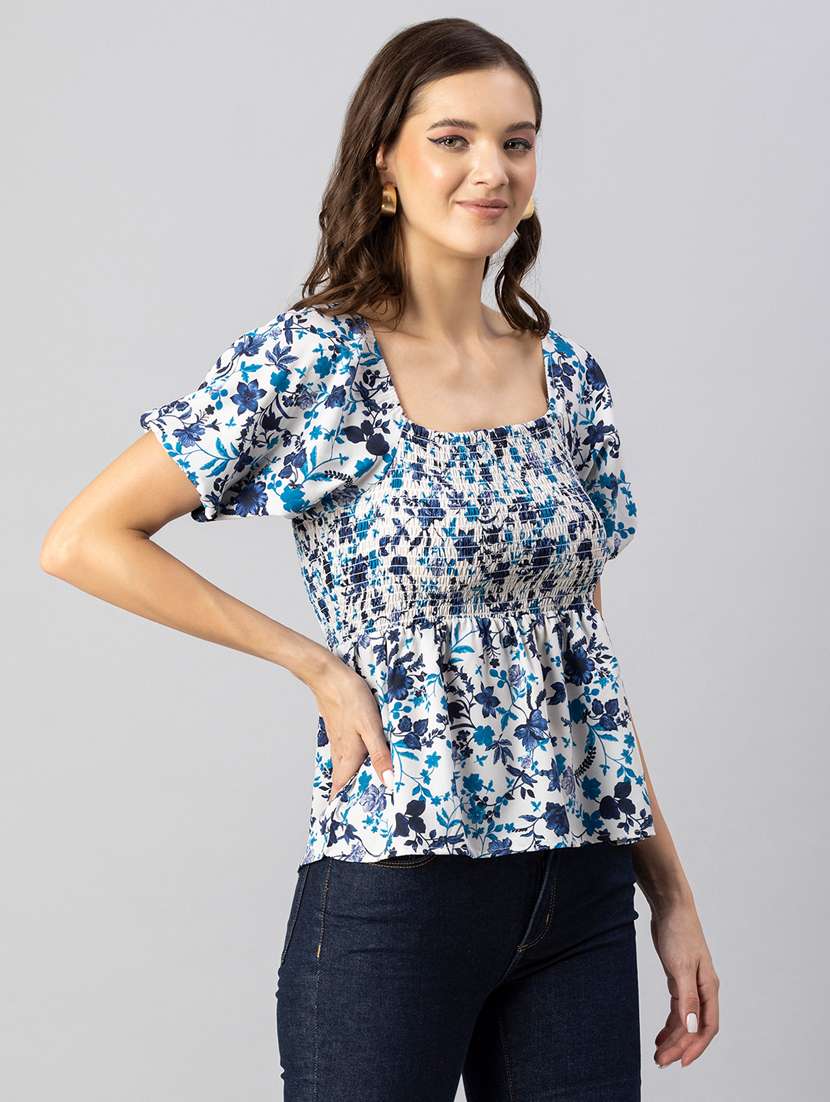 white floral print puff sleeves peplum top - 20342328 -  Standard Image - 3