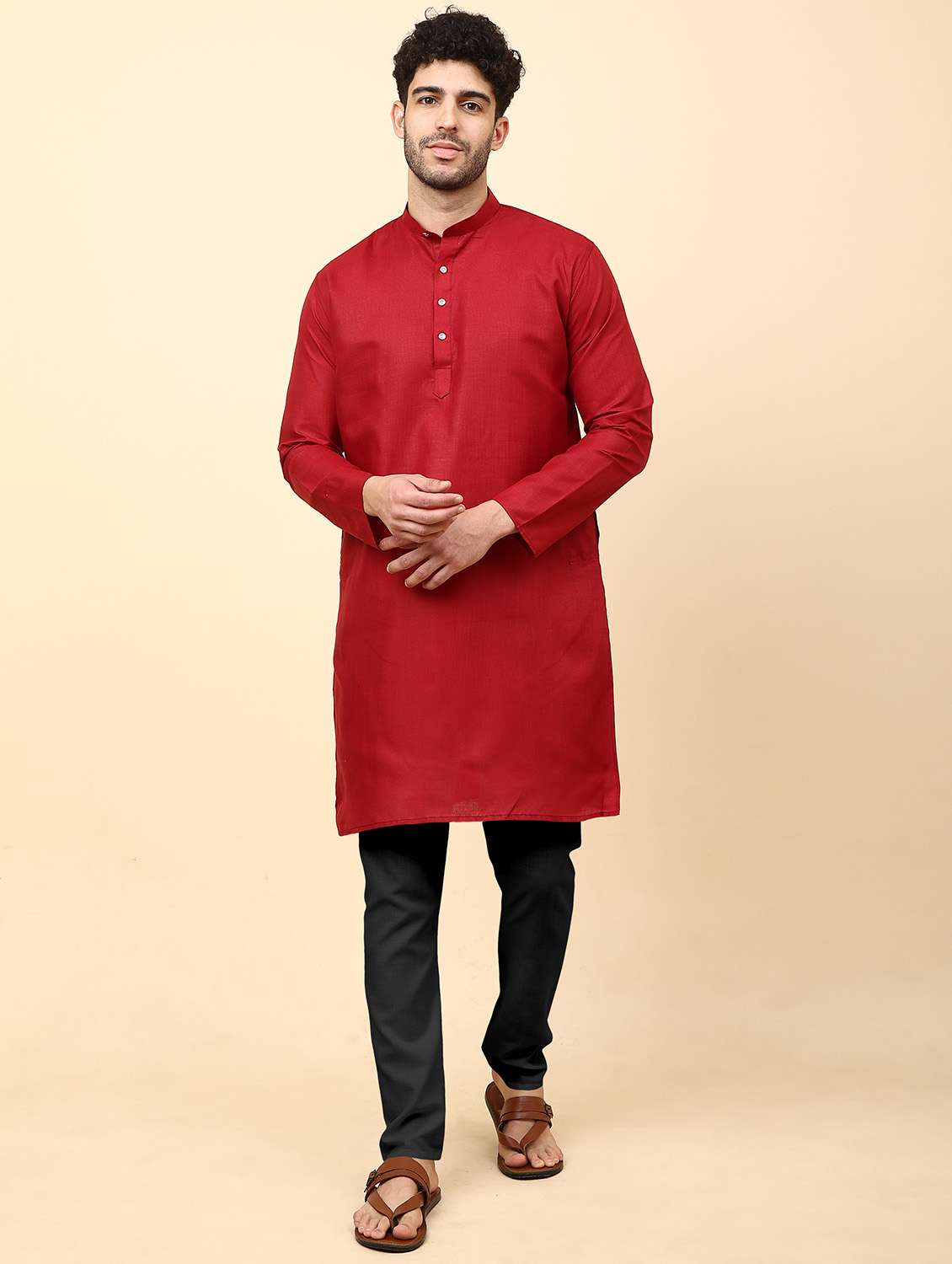 men maroon solids kurta pyjama sets