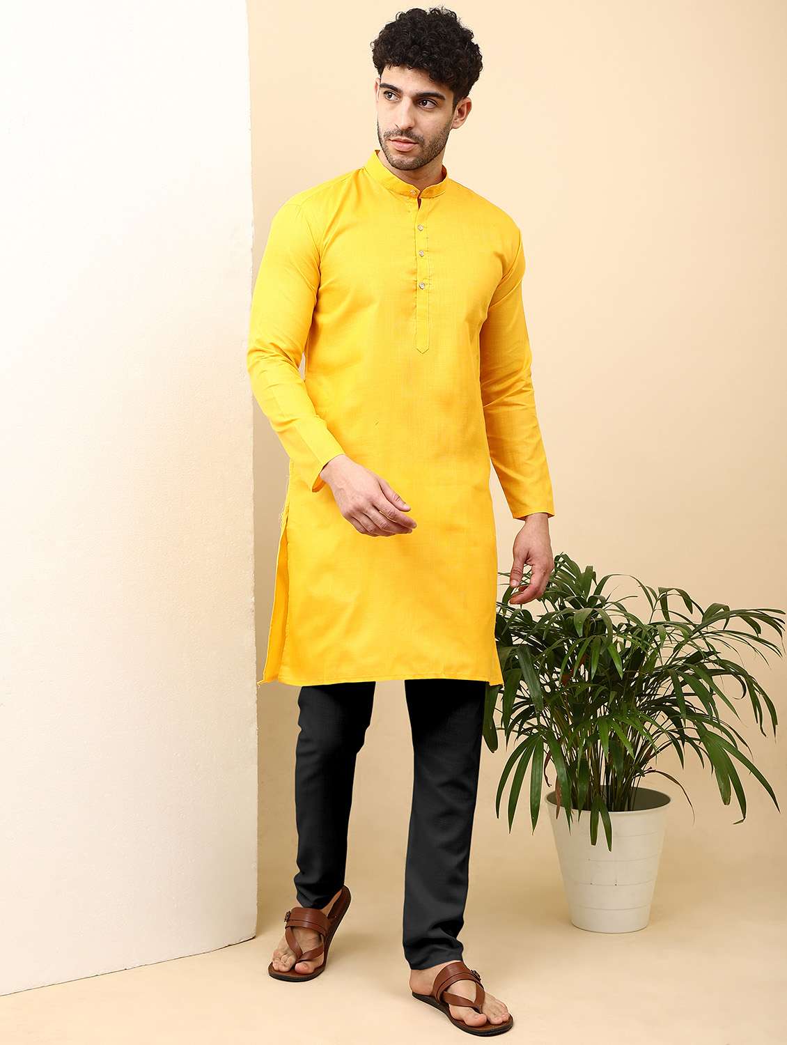 men yellow solids kurta pyjama sets - 20342390 - Zoom Image - 0