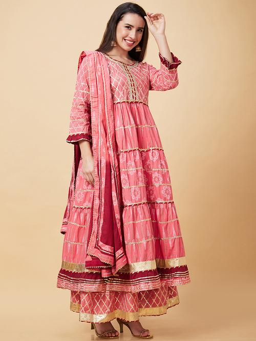 globus women pink gotta patti & allover printed pleated tiered anarkali kurta with sharara & dupatta - 20343214 -  Standard Image - 0