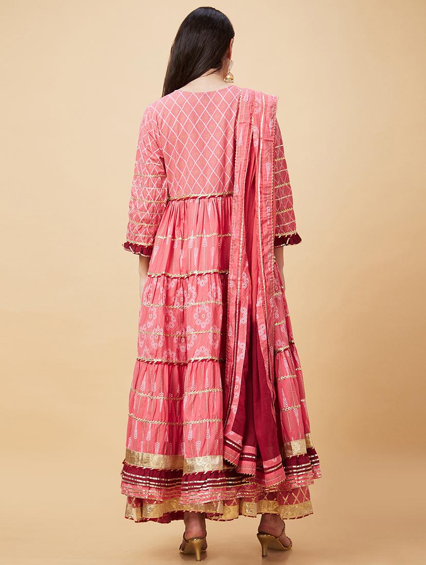 globus women pink gotta patti & allover printed pleated tiered anarkali kurta with sharara & dupatta - 20343214 - Standard Image - 3