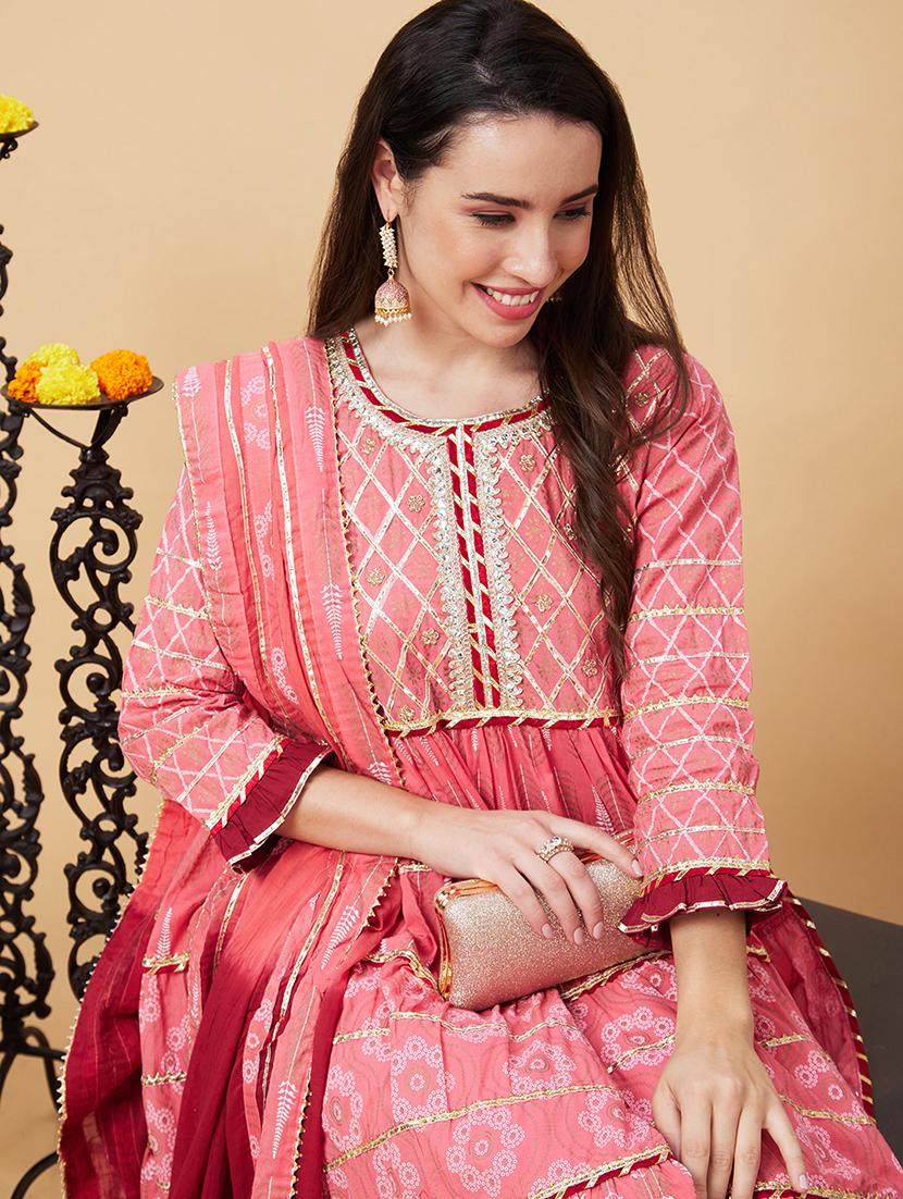 globus women pink gotta patti & allover printed pleated tiered anarkali kurta with sharara & dupatta - 20343214 - Standard Image - 5