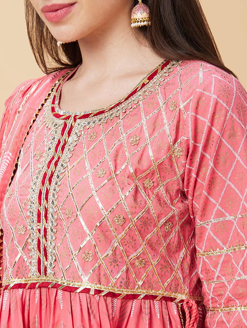 globus women pink gotta patti & allover printed pleated tiered anarkali kurta with sharara & dupatta - 20343214 - Standard Image - 8