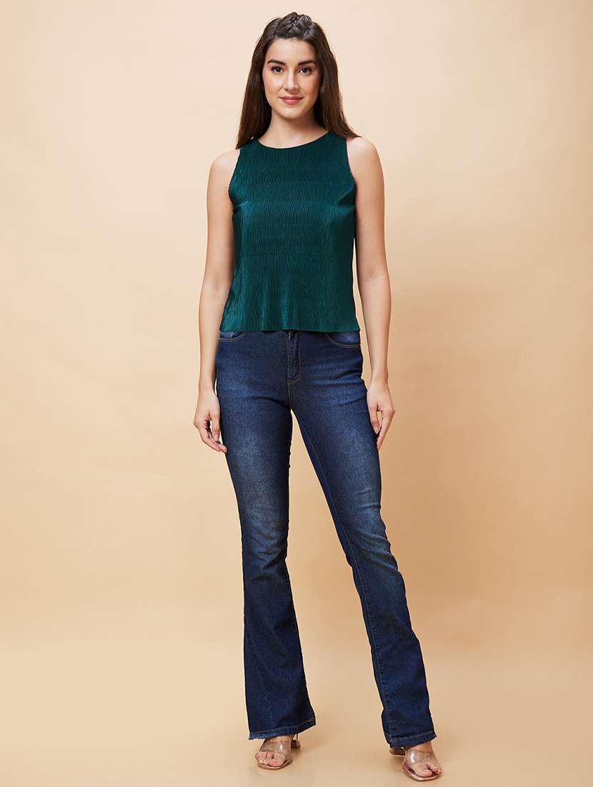 Globus Women Green Round Neck Sleeveless Accordion Pleats Party Top - 20343258 -  Standard Image - 5