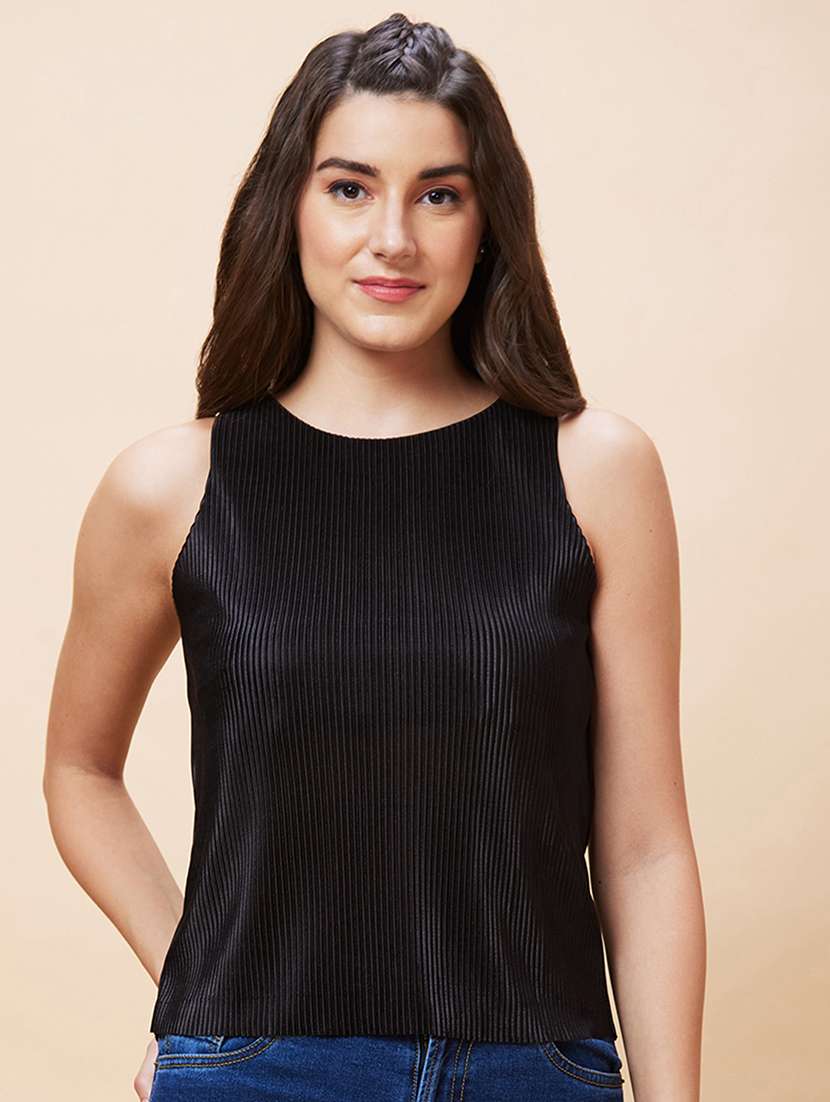 globus women black solid round neck sleeveless pleated party top