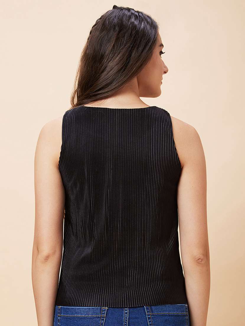 Globus Women Black Solid Round Neck Sleeveless Pleated Party Top - 20343259 -  Standard Image - 3