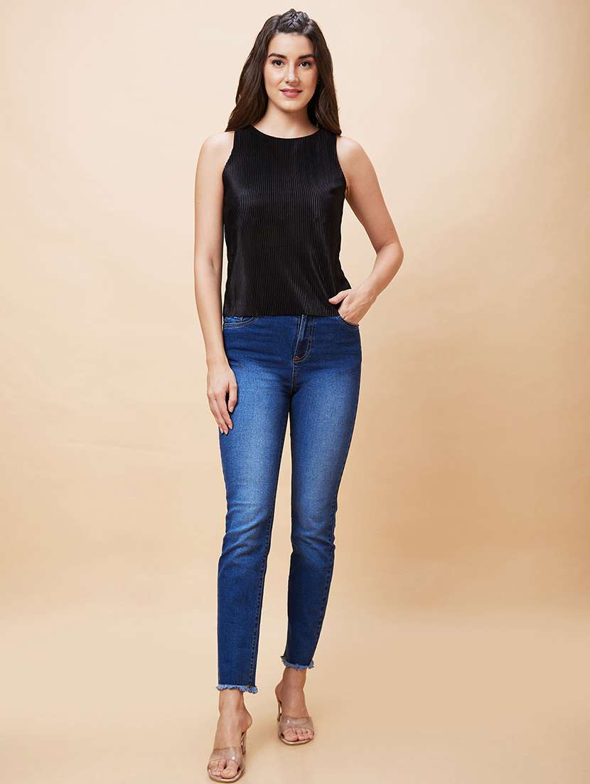 Globus Women Black Solid Round Neck Sleeveless Pleated Party Top - 20343259 -  Standard Image - 5
