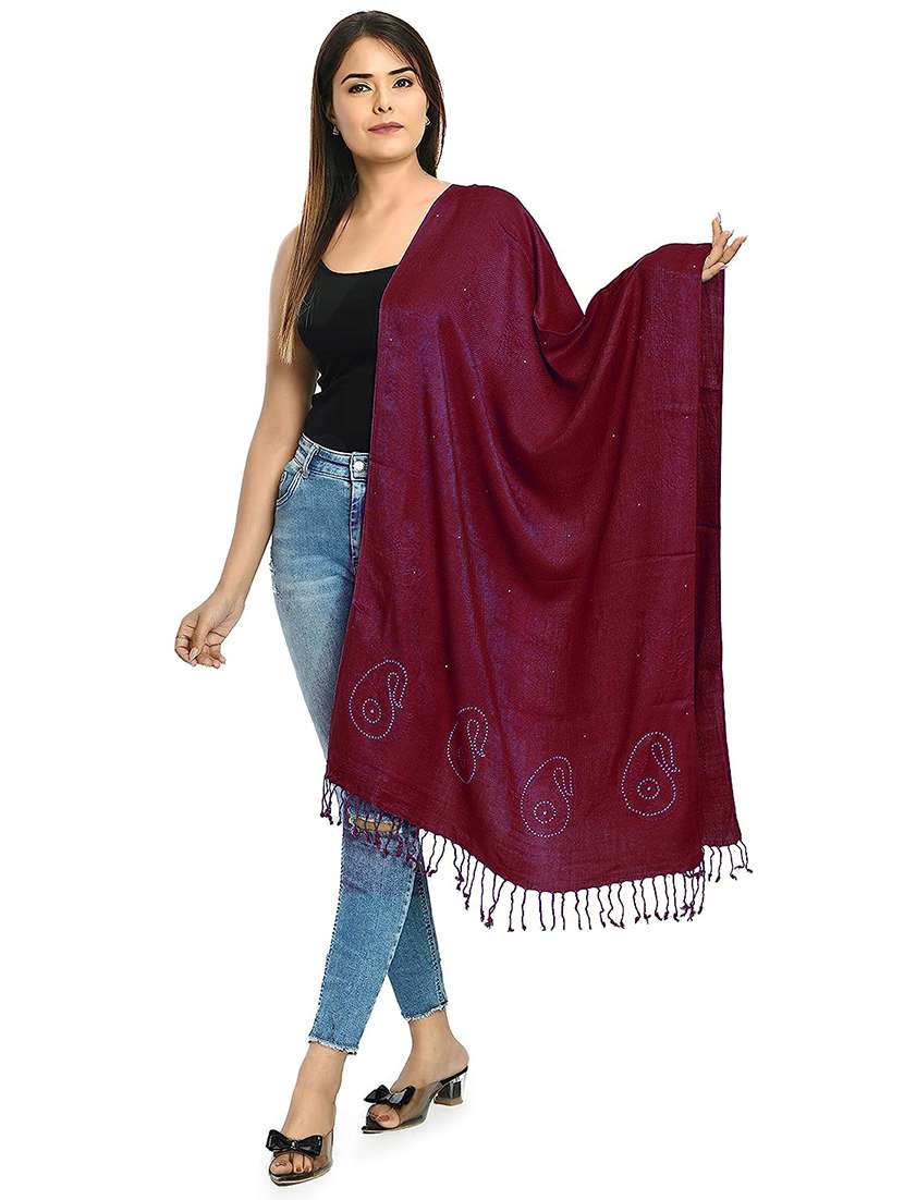 women self design burgundy wool pashmina shawl - 20343548 - Zoom Image - 0