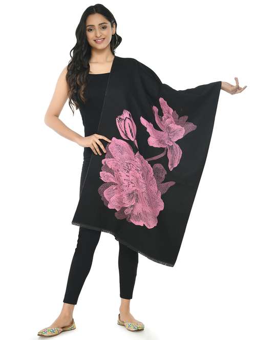 women floral print black wool pashmina shawl - 20343826 - Standard Image - 0