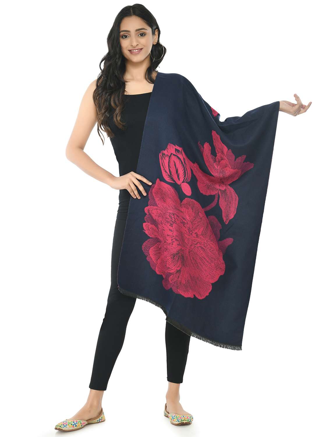 women navy blue floral printed wool pashmina shawl - 20343827 -  Zoom Image - 0