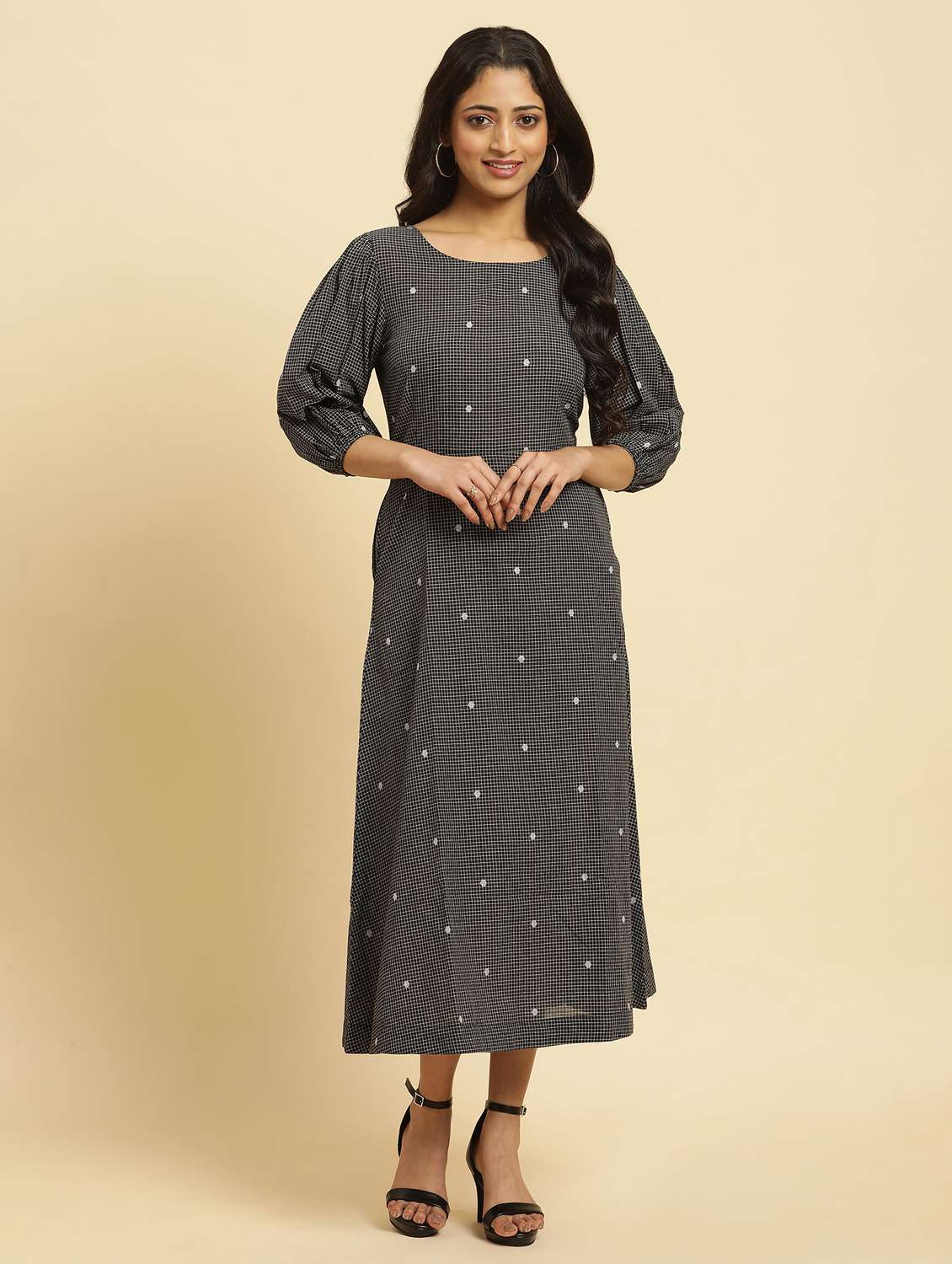 Buy online Women Black Round Neck A-line Dress from ethnic wear