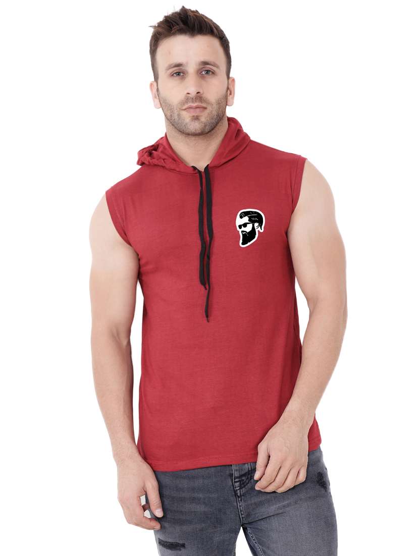 men chest print sleeveless hooded t-shirt