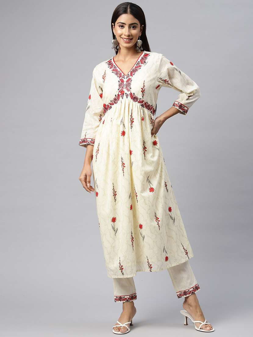 women cream floral v kurta pant set