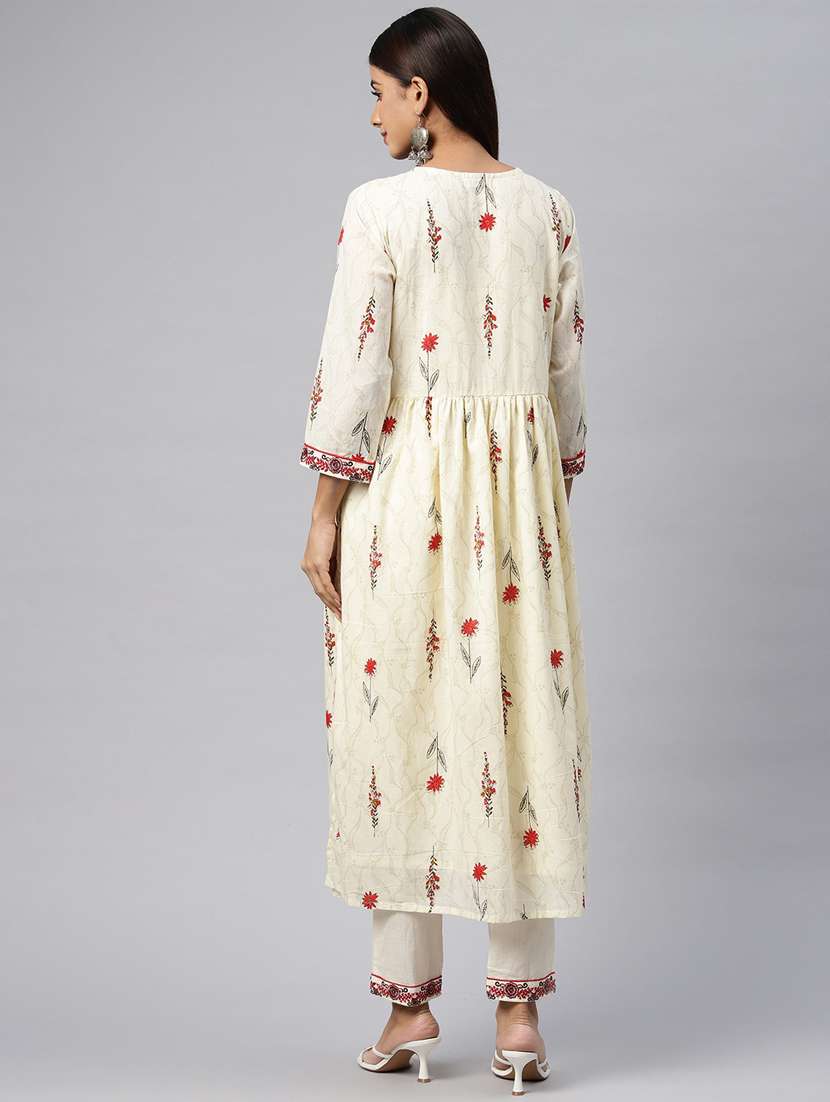 women cream floral v kurta pant set - 20345247 - Standard Image - 3