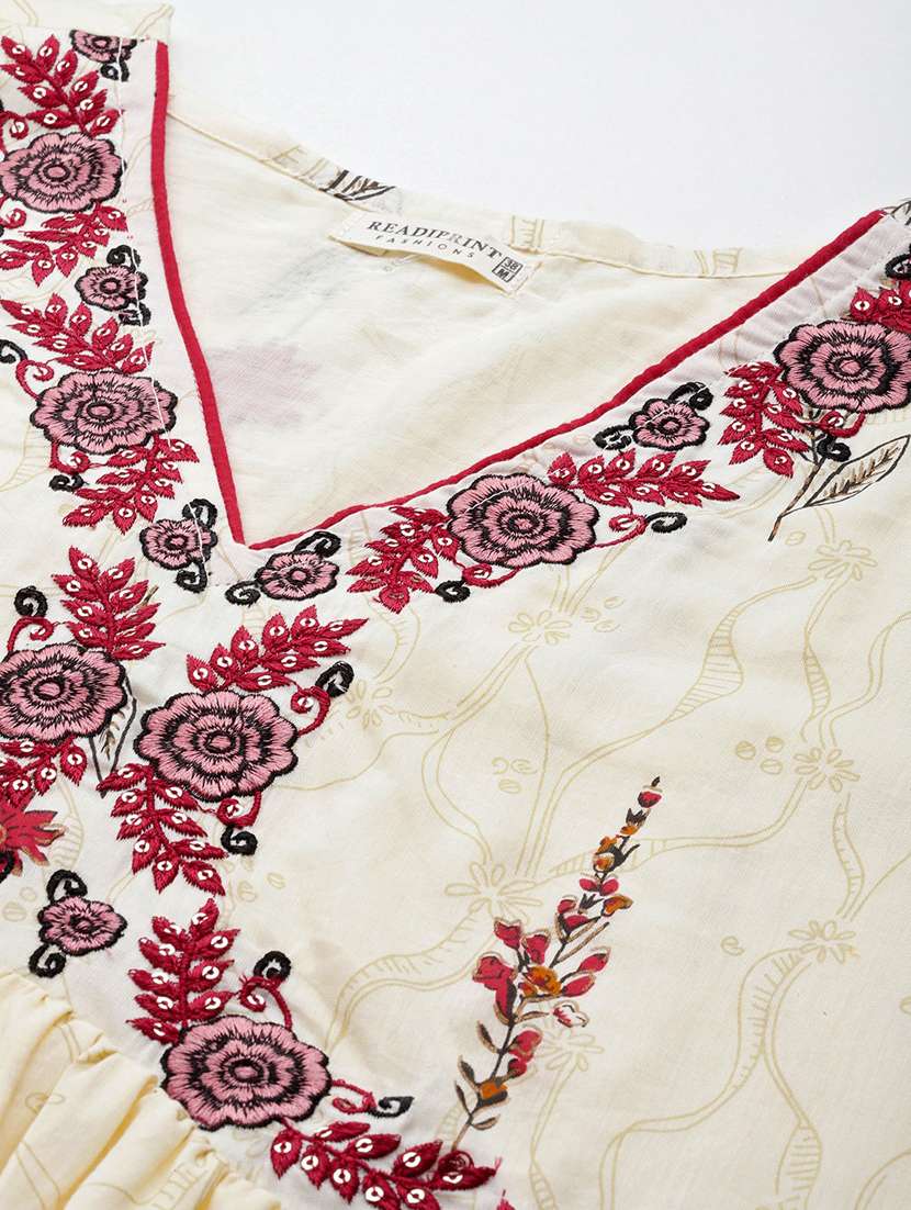 women cream floral v kurta pant set - 20345247 - Standard Image - 5
