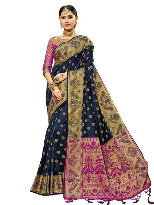 navy blue colored banarasi  saree with blouse - 20347057 -  Standard Image - 0