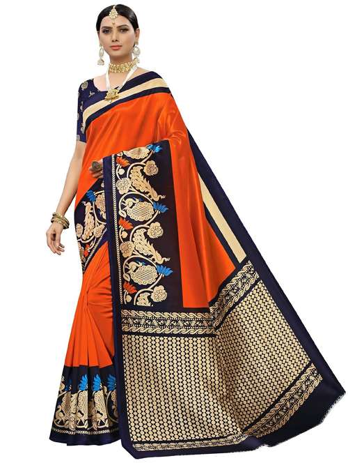 orange colored printed saree with blouse - 20347315 - Standard Image - 0